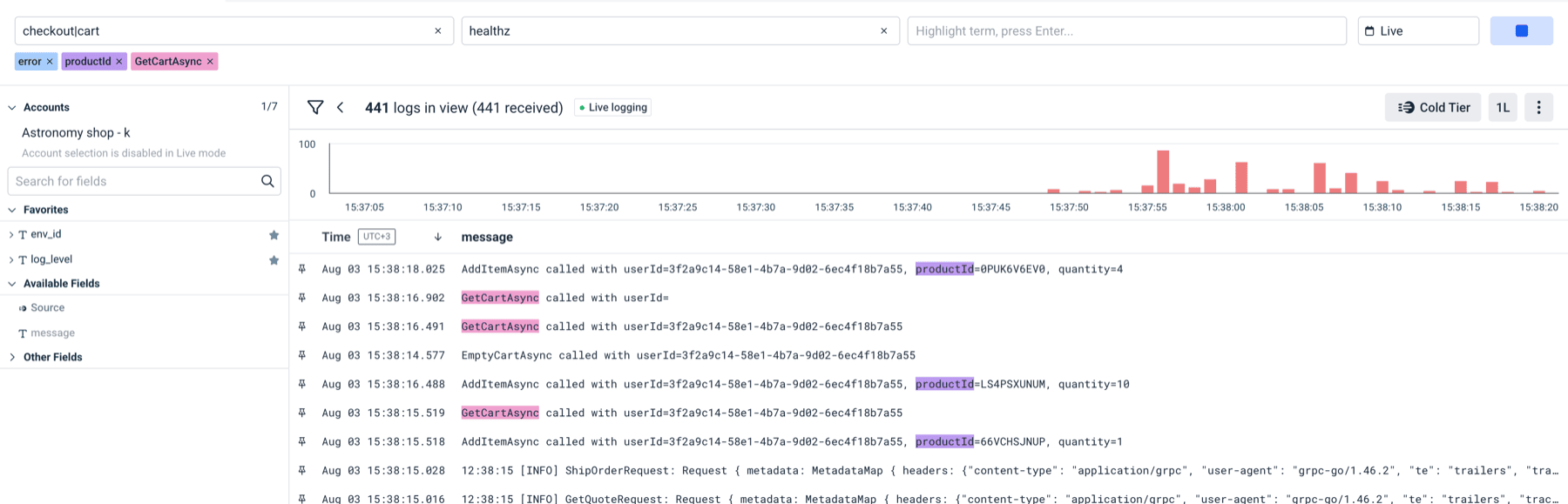 Live Tail regex filters and multi-color highlight chips